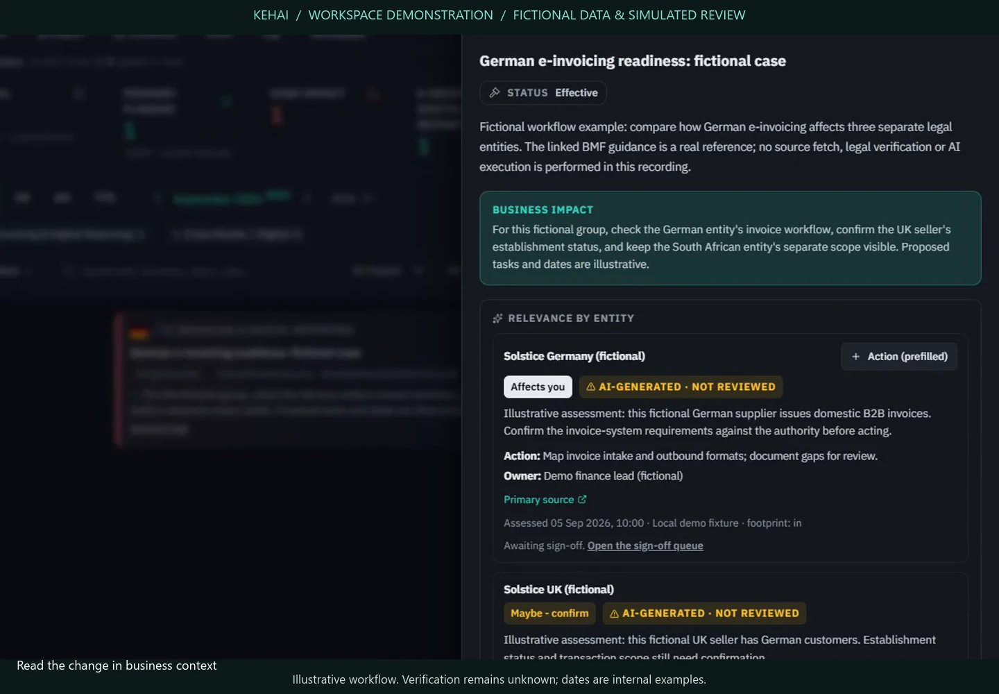 A guided Kehai walkthrough with fictional companies, simulated review and an evidence export.